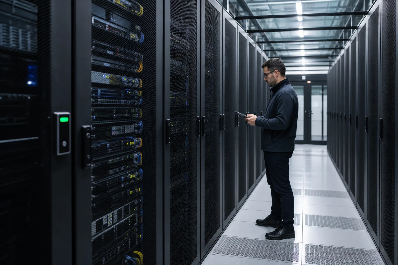 Engineer inspecting a resilient banking data center