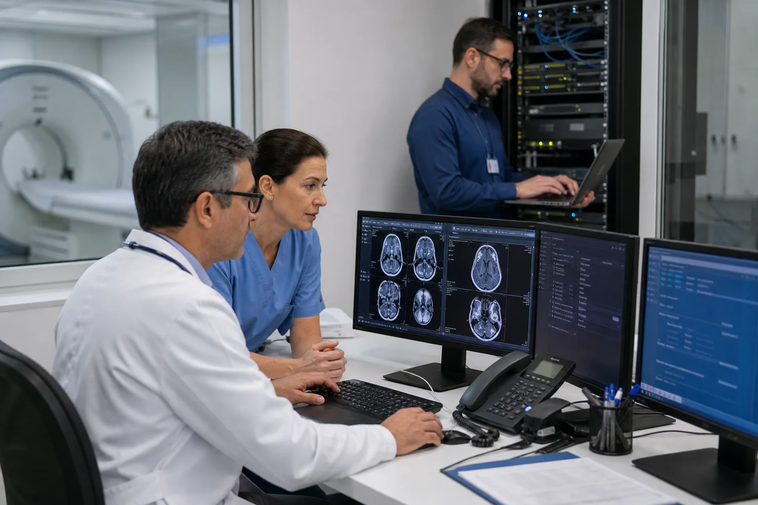 Clinicians and an IT specialist using a connected medical imaging system