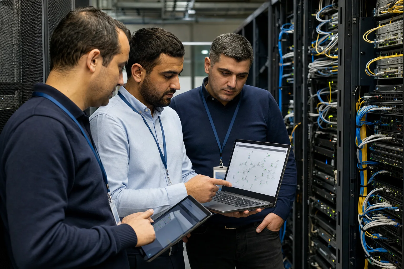 IT integration specialists reviewing a network inside a server room