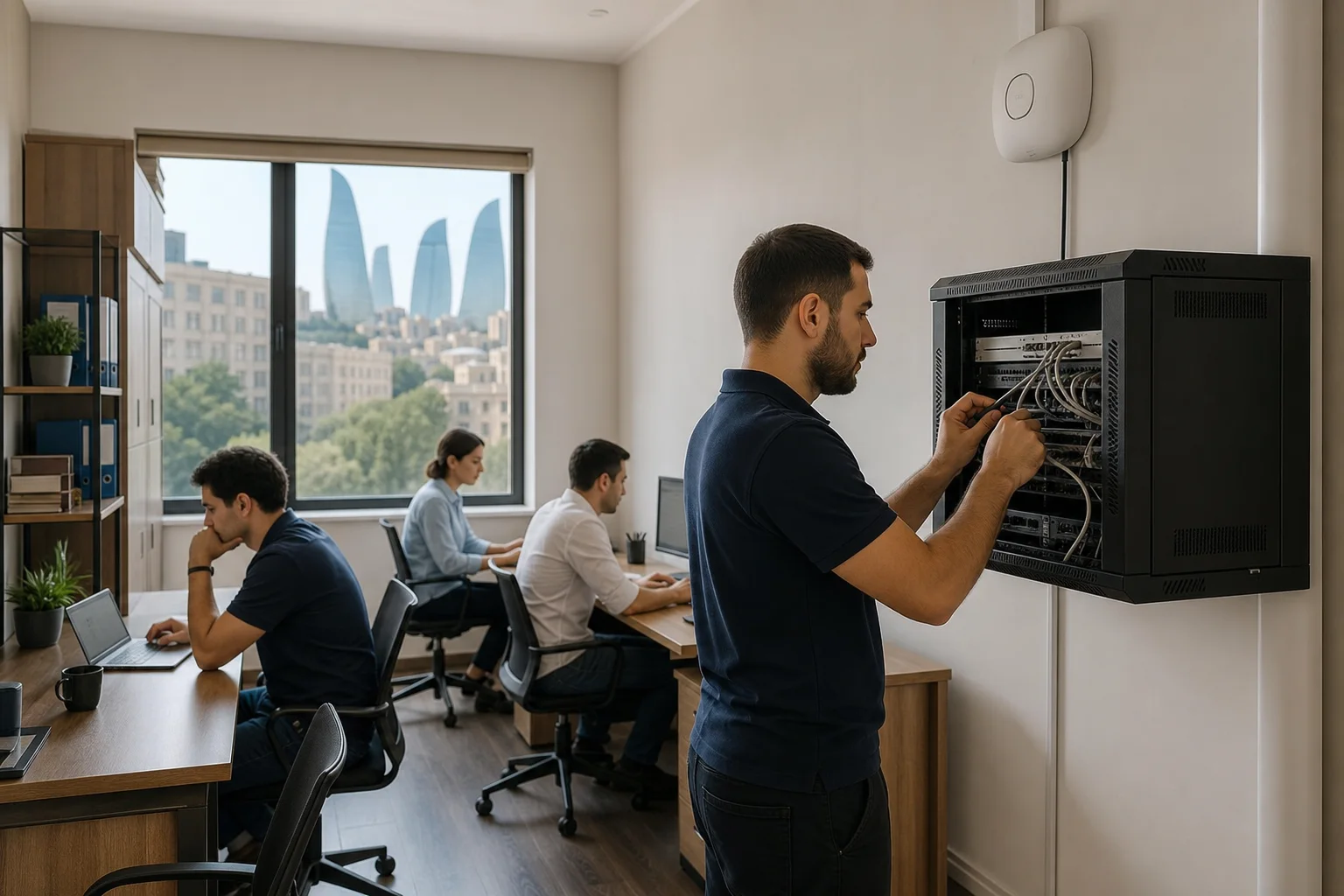 Technician installing network infrastructure for a small business